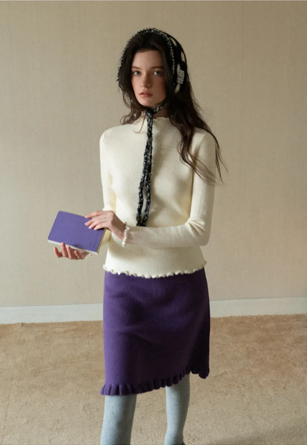 Women Basic Ribbed Sweater with Ruffled Edges