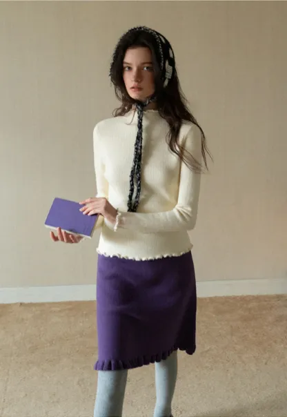 Women Basic Ribbed Sweater with Ruffled Edges