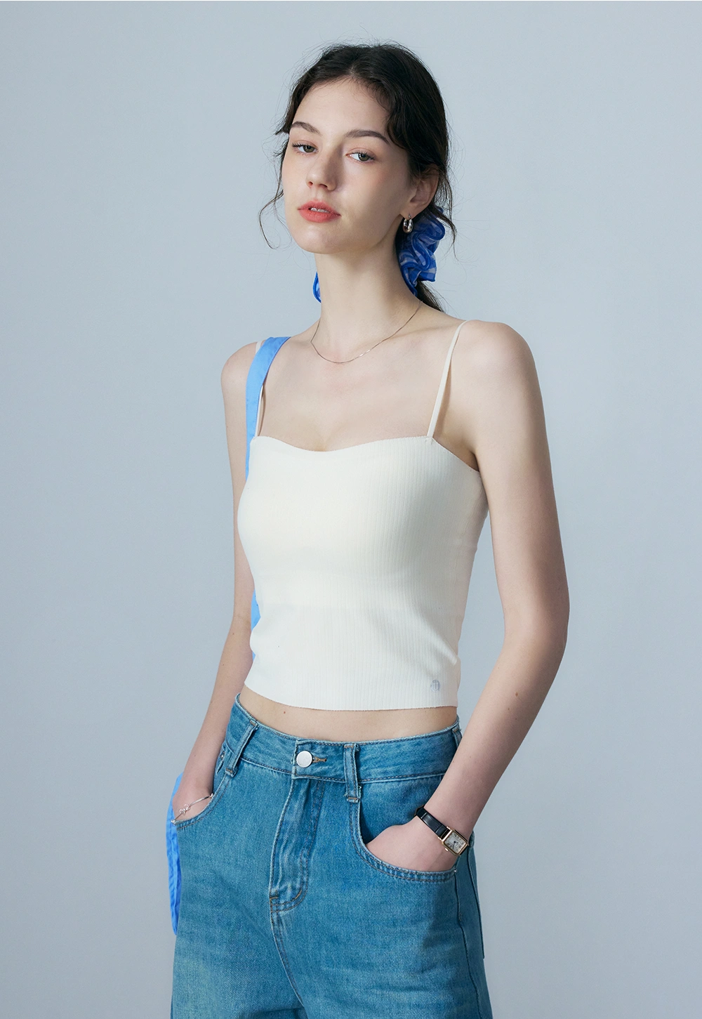 Women's Black Ribbed Knit Camisole Top with Thin Straps