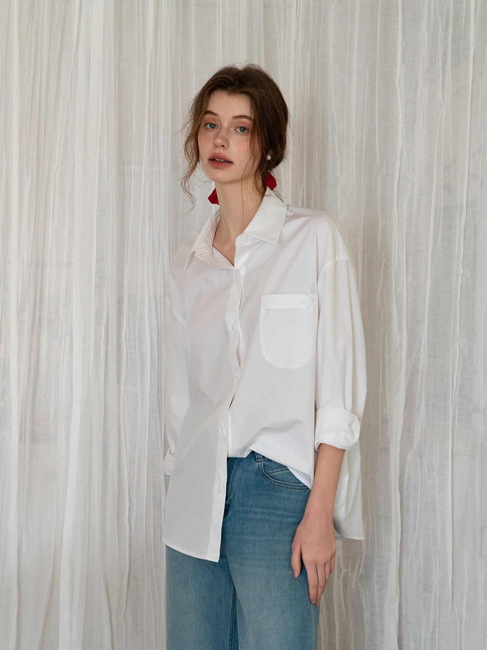 Women's Long-Sleeve Button-Down Shirt with Chest Pocket
