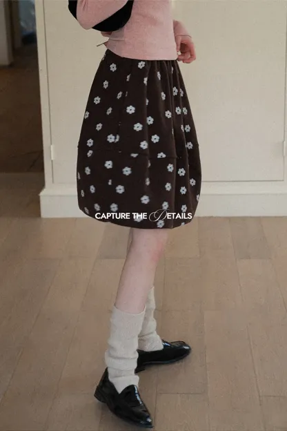 Floral Print Woolen Puff Skirt