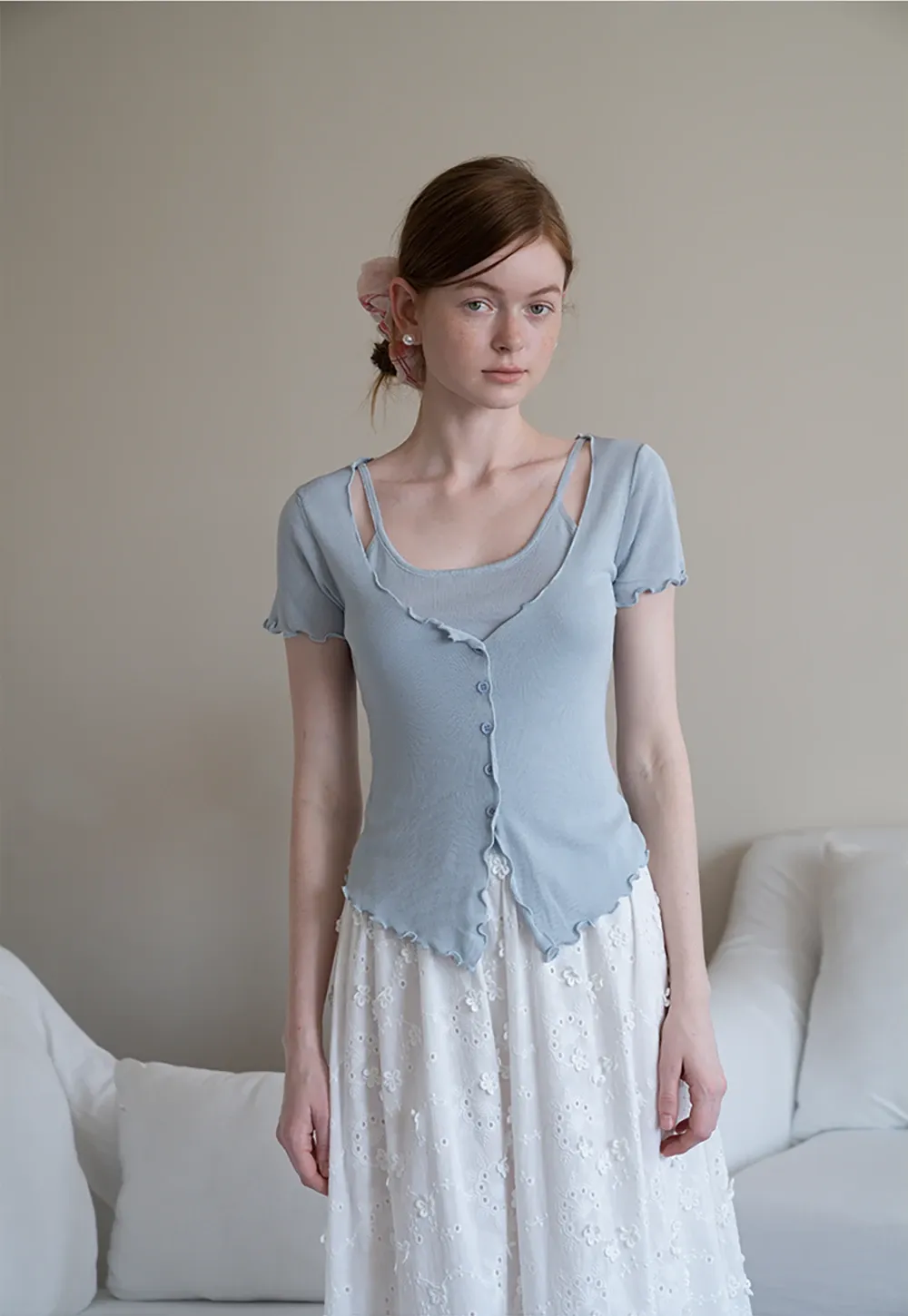 Women’s Ruffle Hem Button Down Knit Top