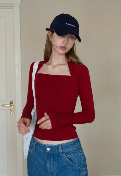 Square Neck Long Sleeve Slim Fit Top