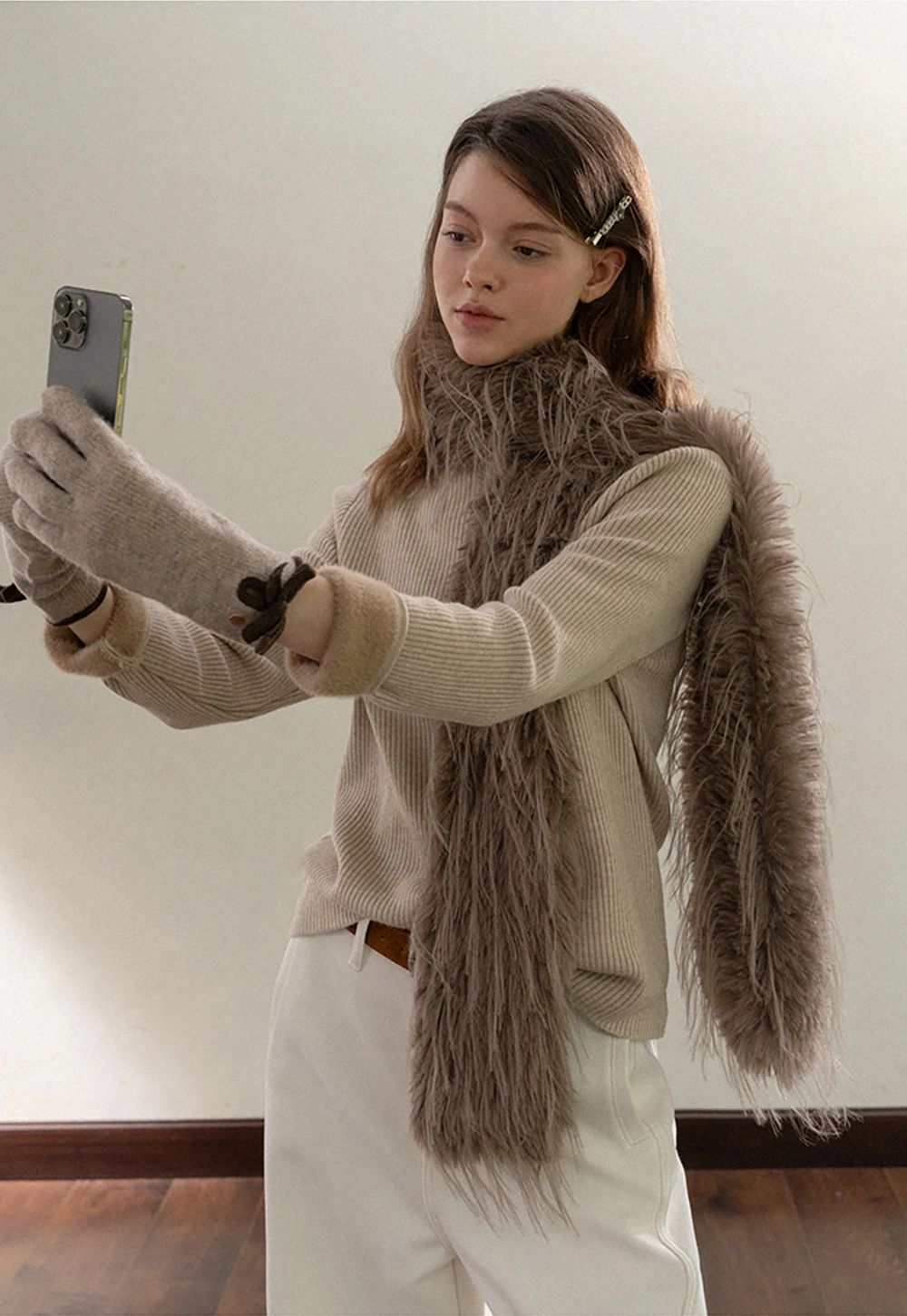 Stand-Collar Ribbed Fleece Knit Top