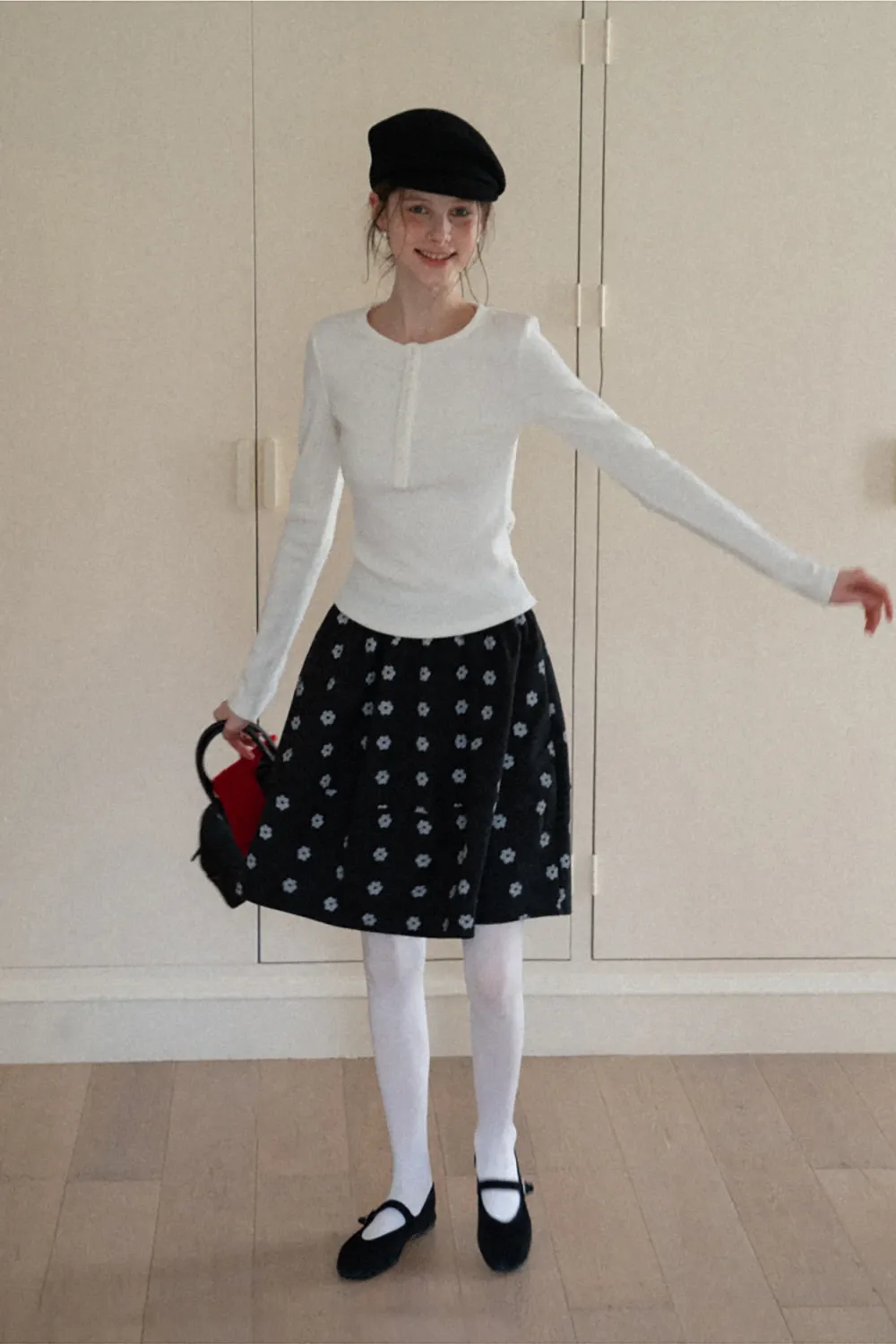 Floral Print Woolen Puff Skirt