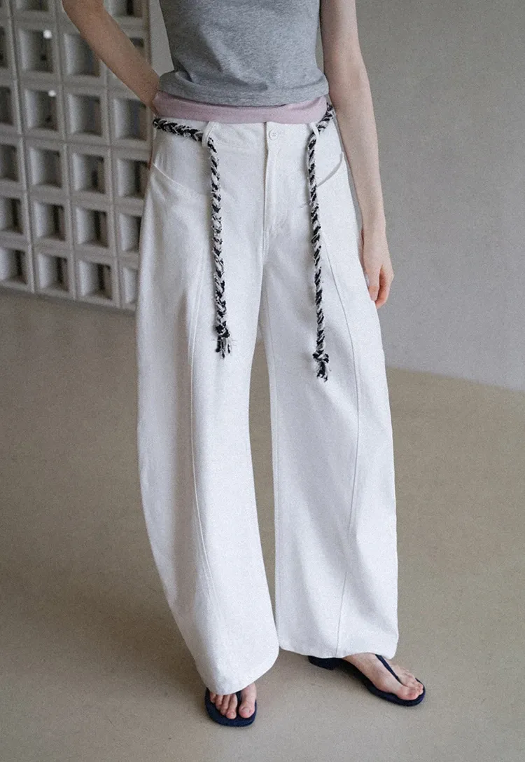 Wide-Leg Trousers with Braided Drawstring Detail