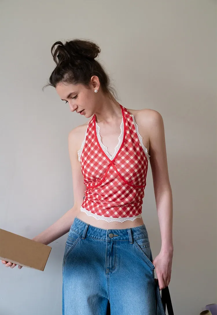 Gingham Lace Halter Top