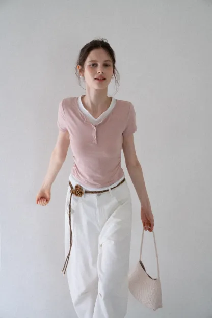 Women’s Slim Fit Button Front Ribbed T-Shirt