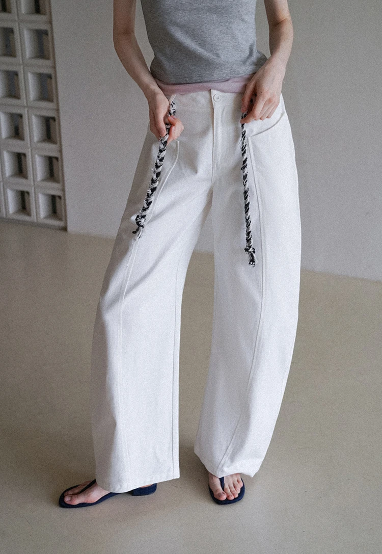 Wide-Leg Trousers with Braided Drawstring Detail
