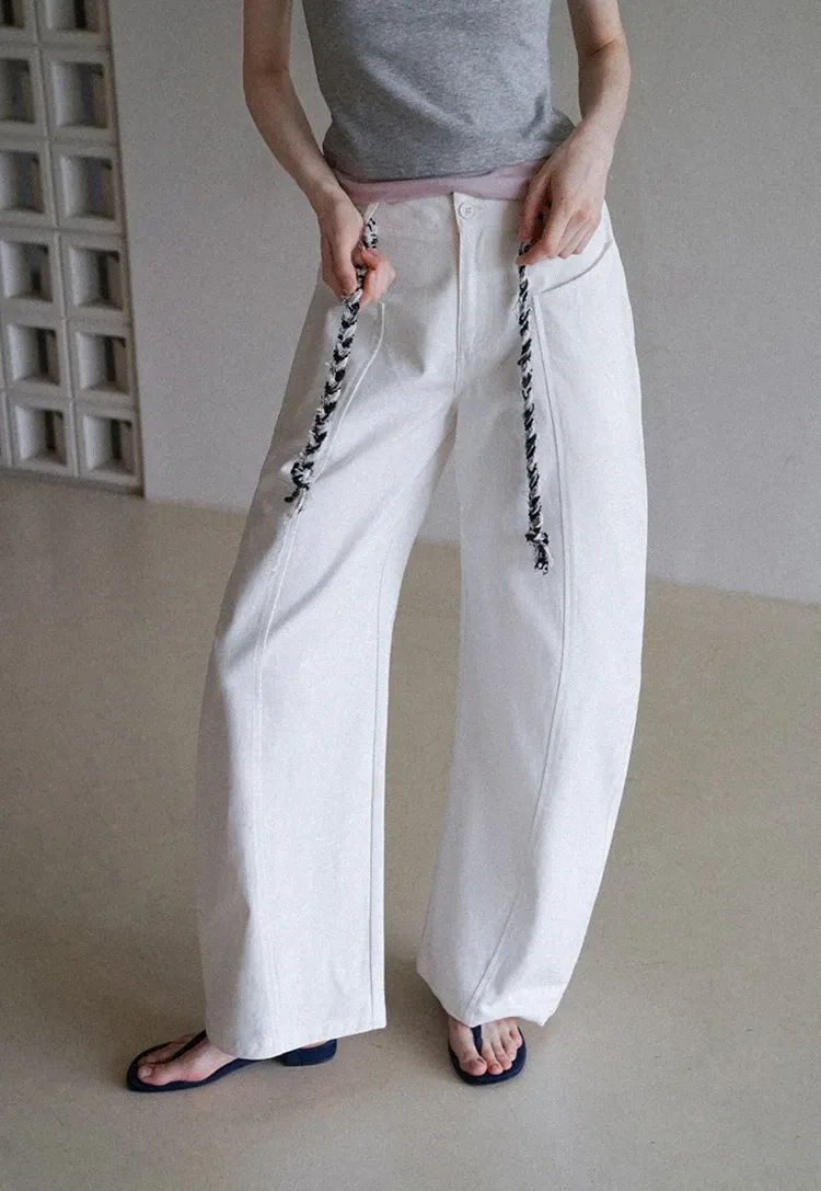 Wide-Leg Trousers with Braided Drawstring Detail