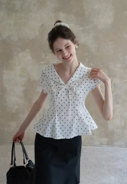 Polka Dot Sailor Collar Blouse