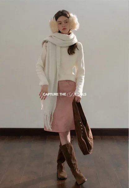 Stand-Collar Ribbed Fleece Knit Top