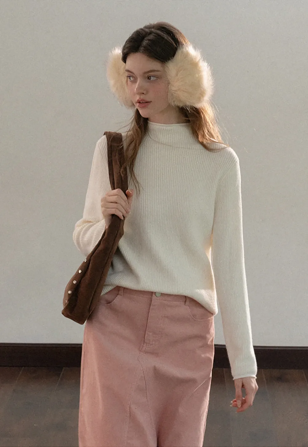 Stand-Collar Ribbed Fleece Knit Top