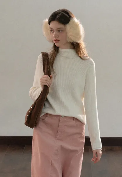 Stand-Collar Ribbed Fleece Knit Top