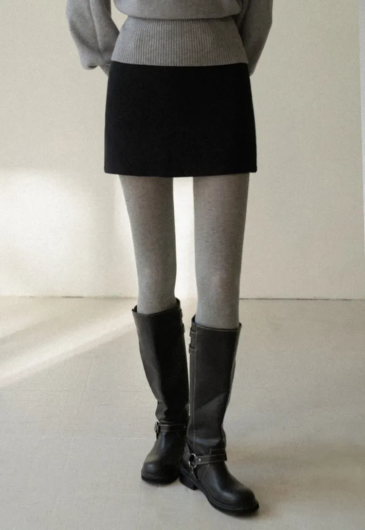 High-Waisted A-Line Wool Skirt(with belt)