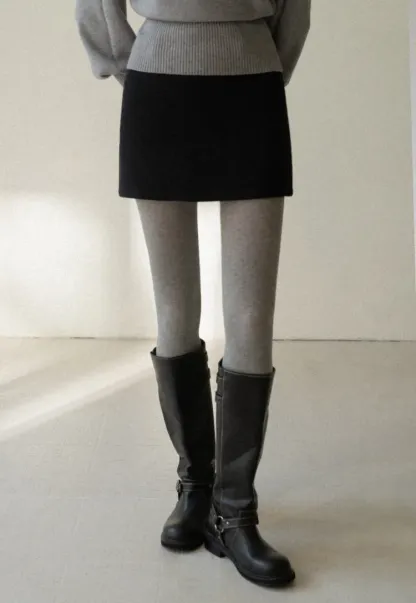 High-Waisted A-Line Wool Skirt(with belt)