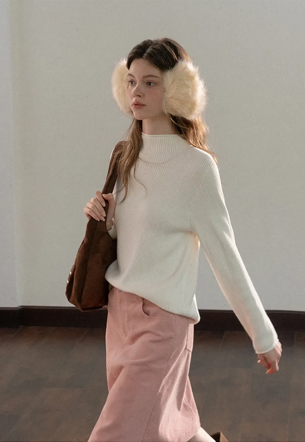 Stand-Collar Ribbed Fleece Knit Top