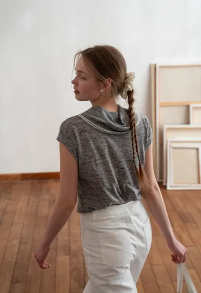 Short Sleeve Knit Sweater with Neck Tie Detail