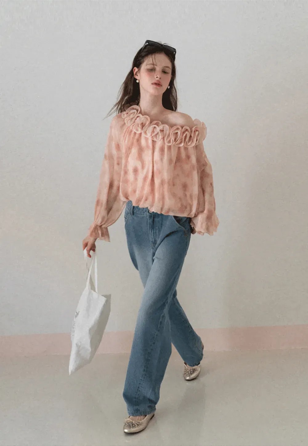 Off Shoulder Ruffled Lace Chiffon Blouse