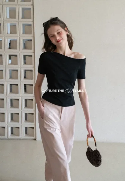 Off shoulder short sleeve fitted t shirt