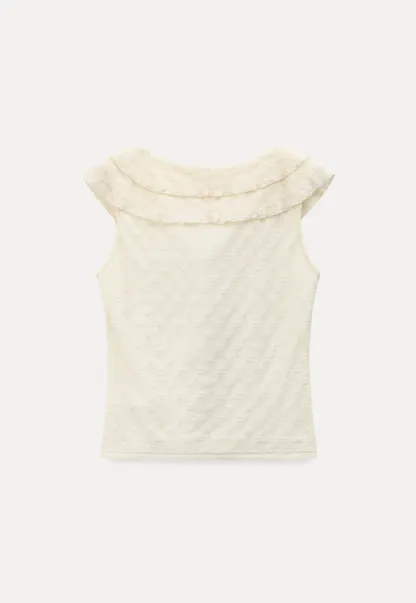 Sleeveless Top with Ruffled V Neck and Floral Detail