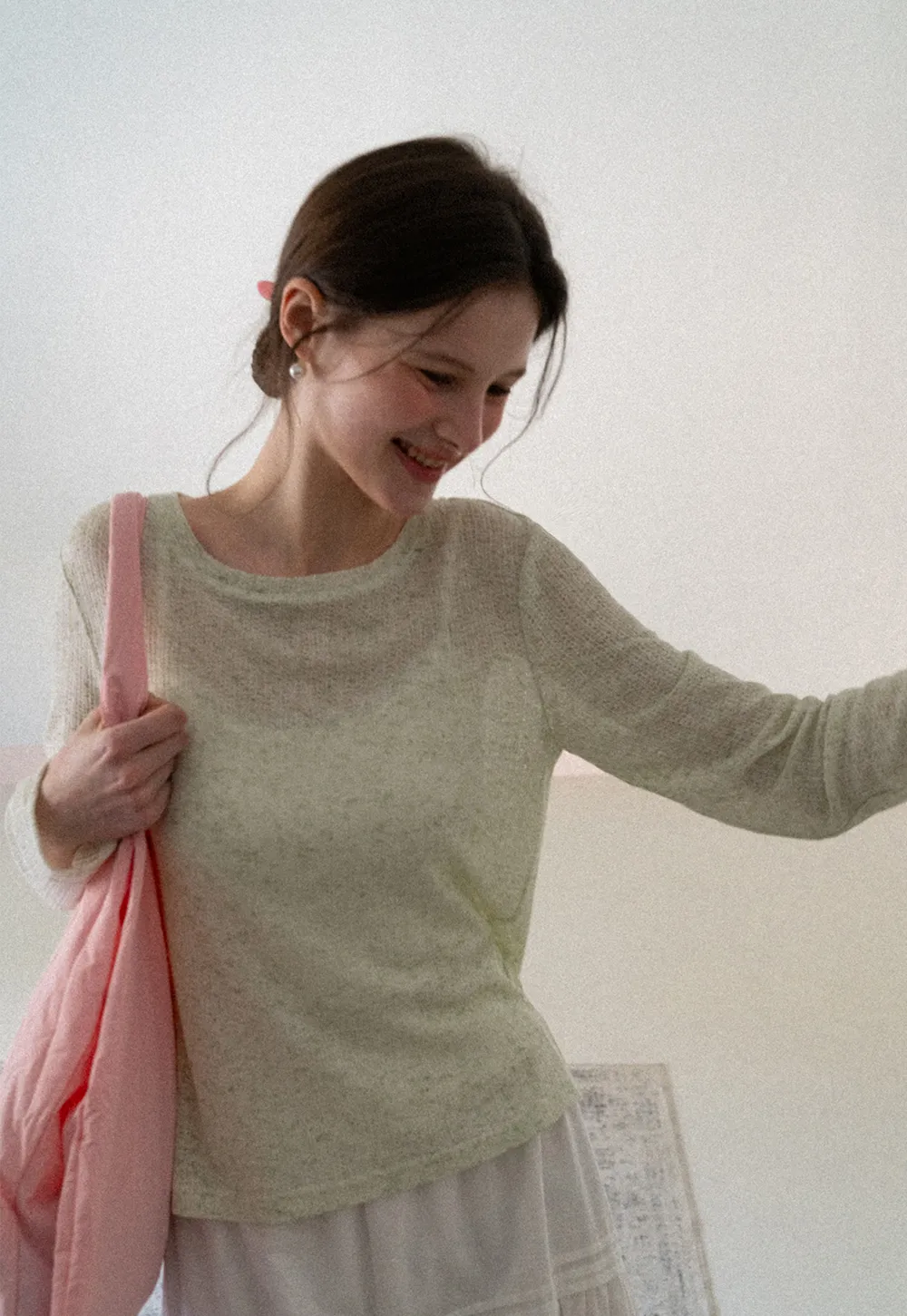 Long sleeve sheer knit top with round neckline