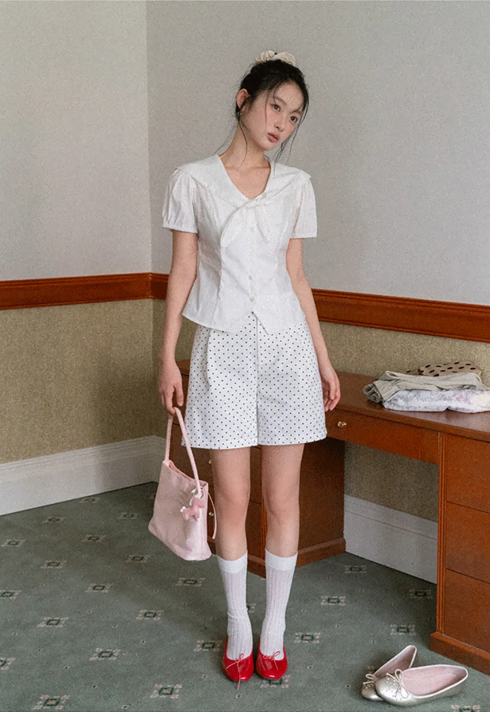 Short Sleeve Shirt with Collar and Bow Detail