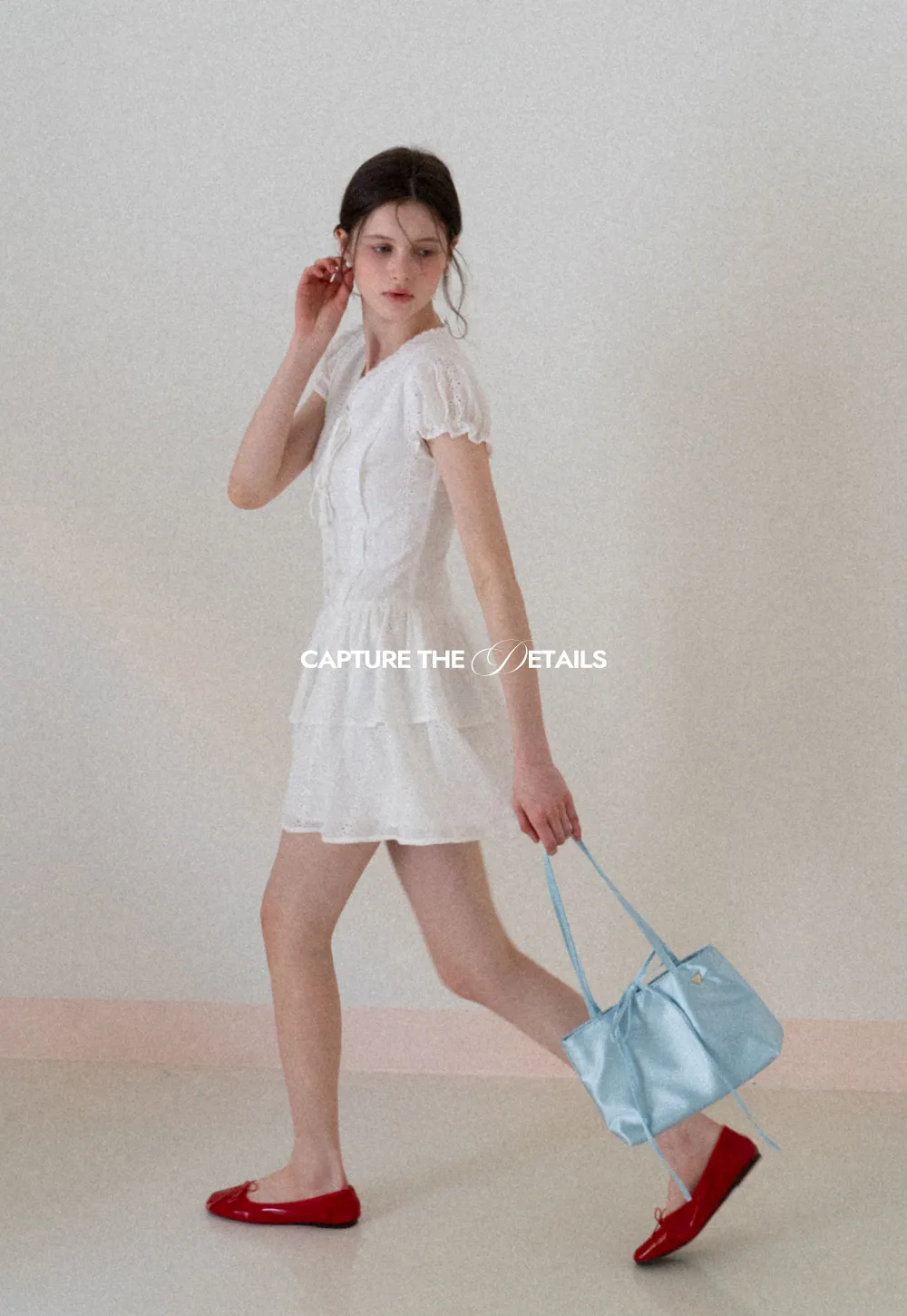 Eyelet Lace Dress with Puffed Sleeves and Tiered Skirt