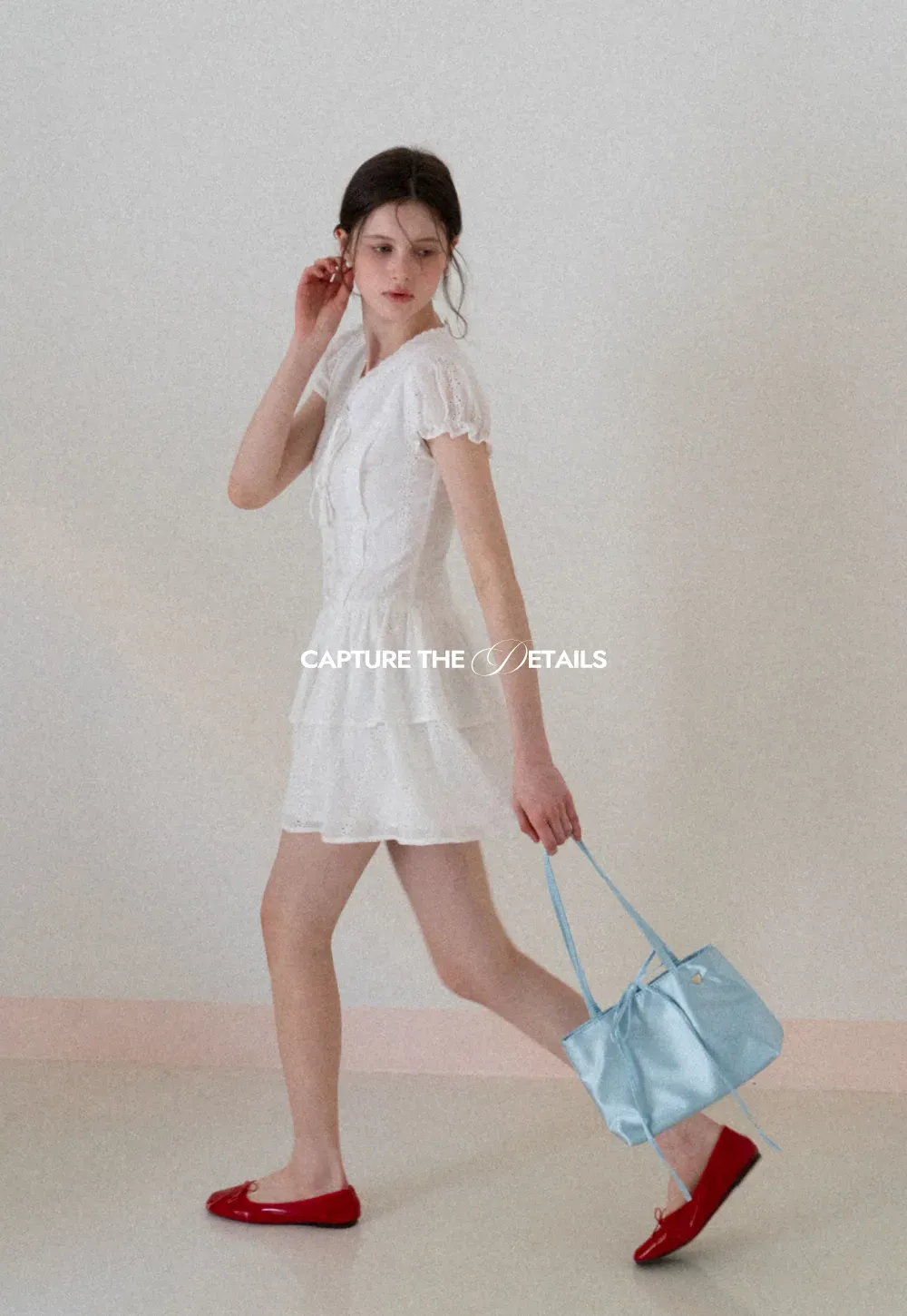 Eyelet Lace Dress with Puffed Sleeves and Tiered Skirt