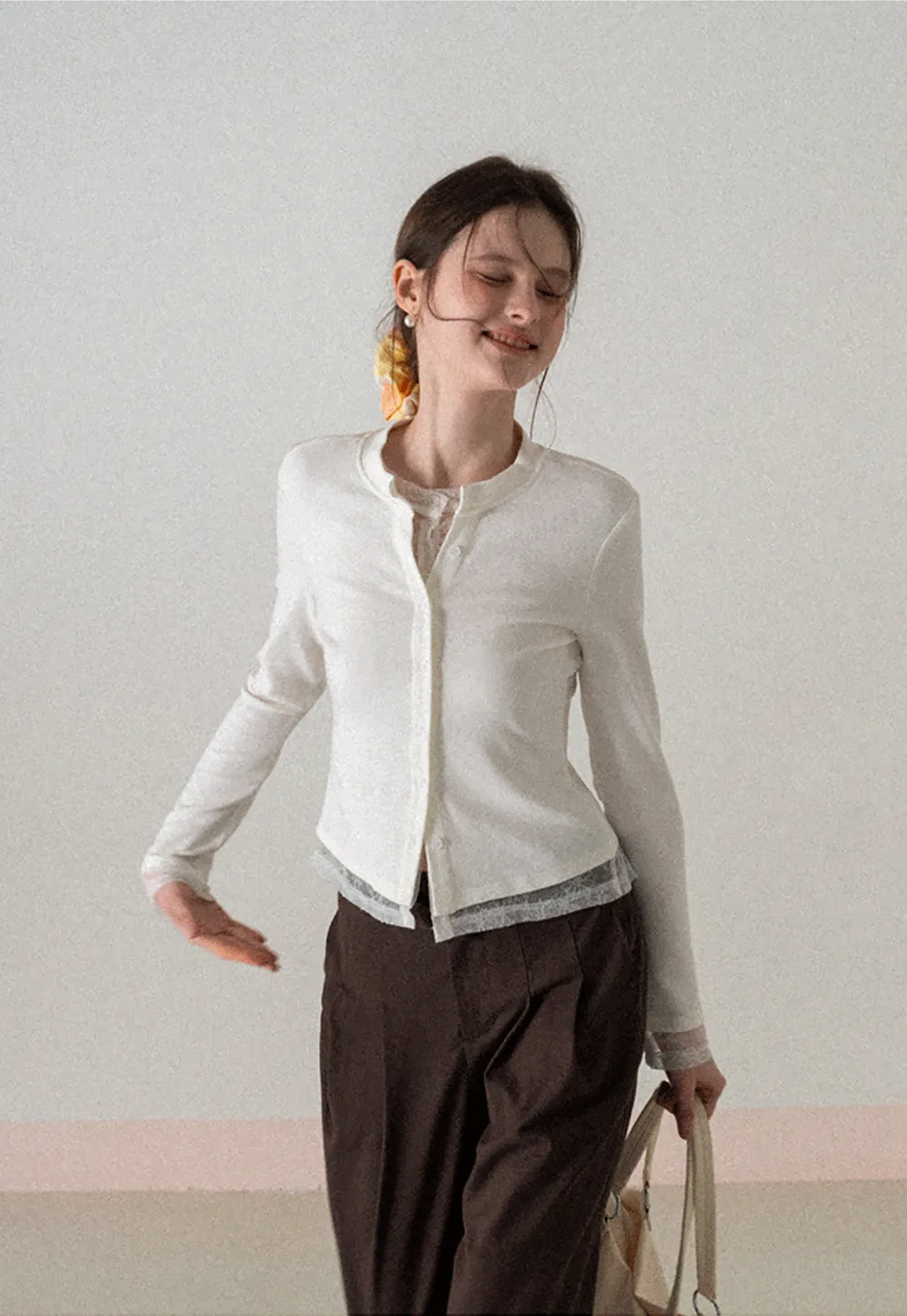 Long sleeve button front knit top with collar