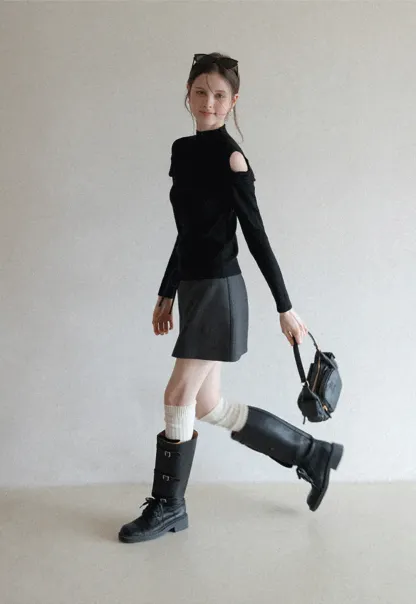 Elegant Off Shoulder Knit Sweater with Wave Detail