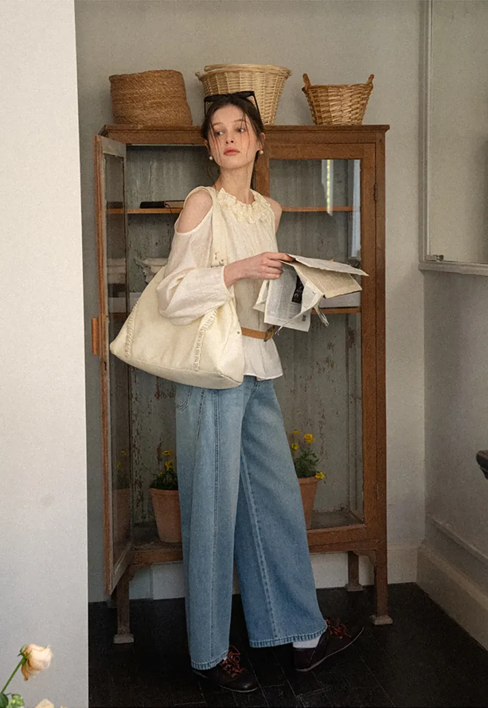 Lace Chiffon Blouse with Ruffled Neck and Cold Shoulder