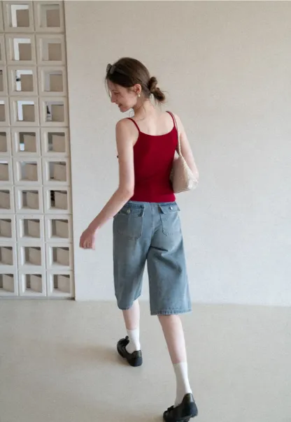 Wide Leg Denim Shorts with Belt and Back Pockets