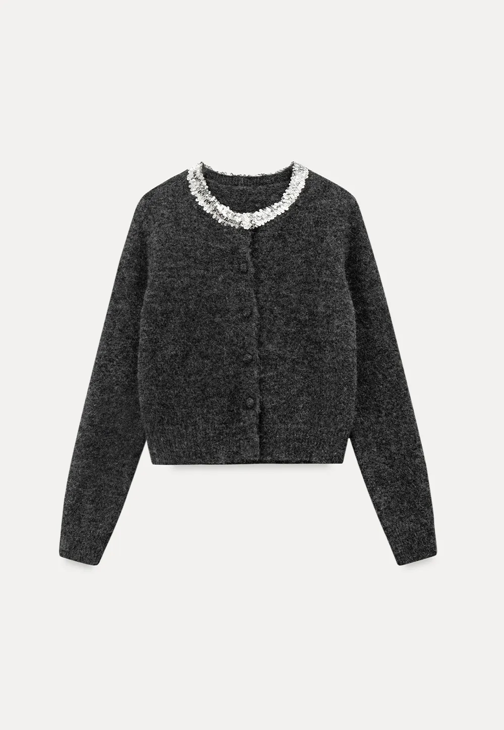 Elegant Woolen Knit Sweater with Embellished Neckline and Long Sleeves
