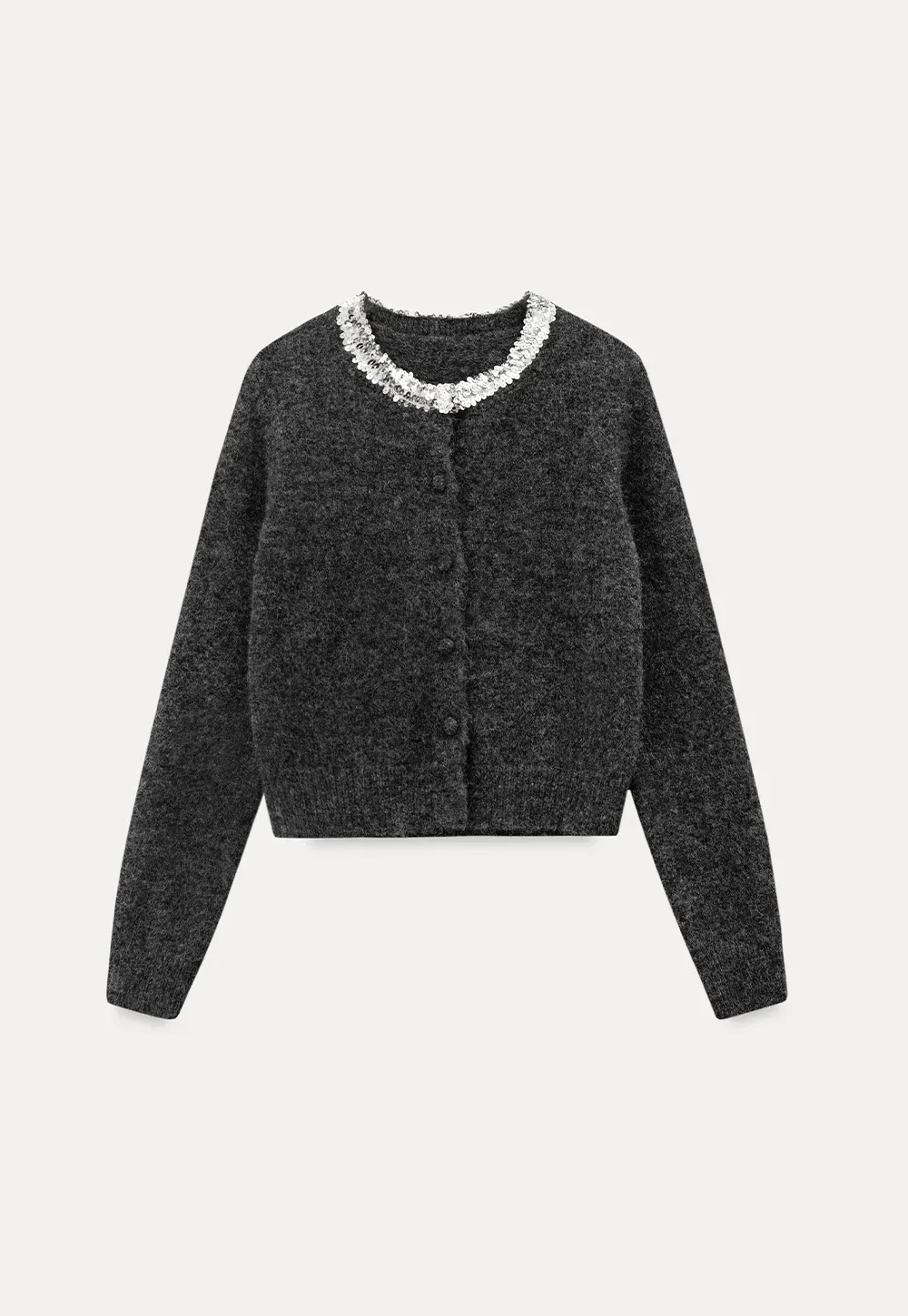 Elegant Woolen Knit Sweater with Embellished Neckline and Long Sleeves