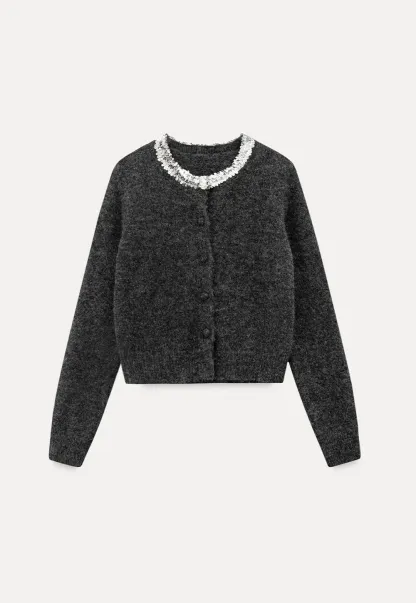 Elegant Woolen Knit Sweater with Embellished Neckline and Long Sleeves