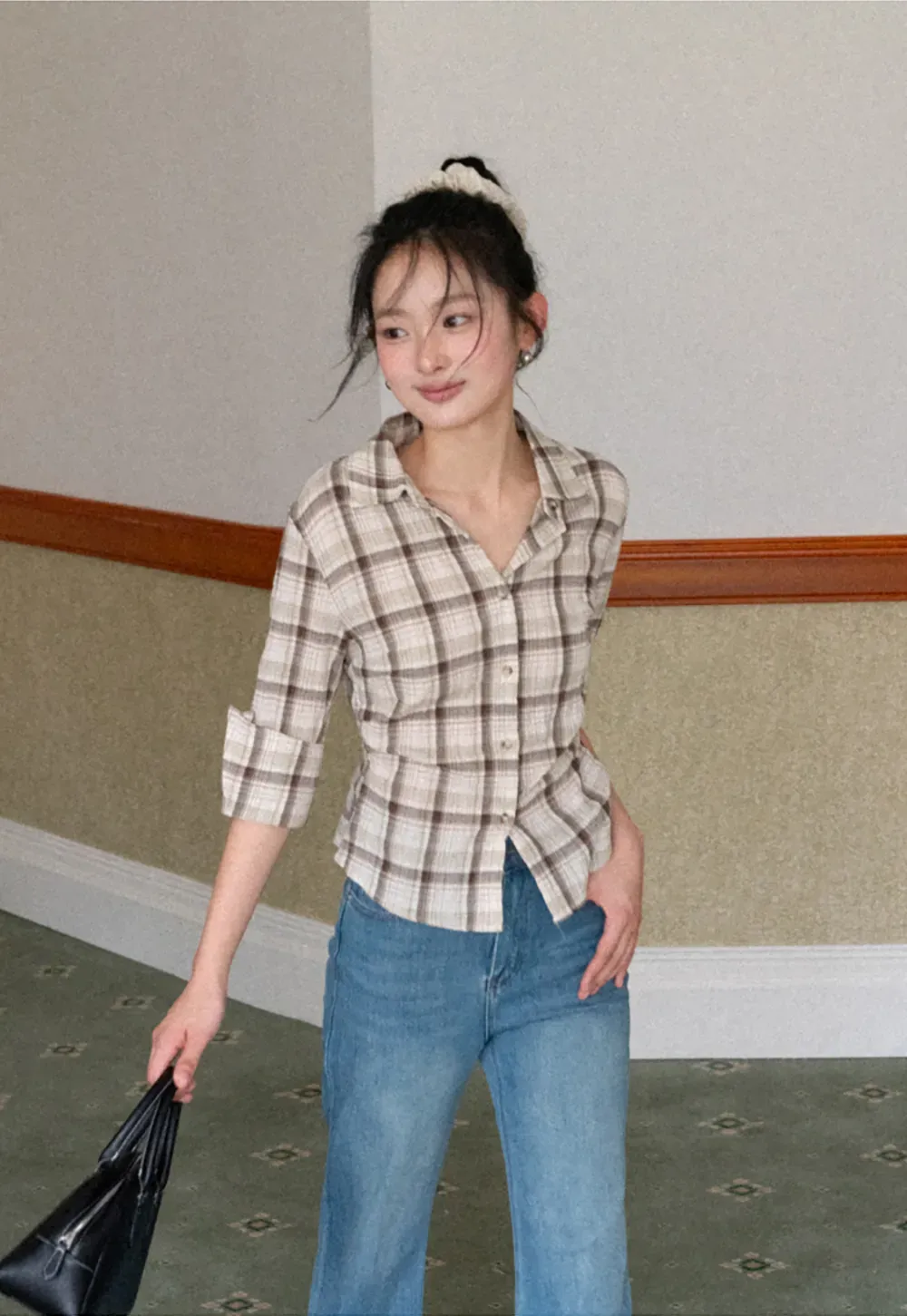 Plaid Shirt with Rolled Sleeves and Button Front