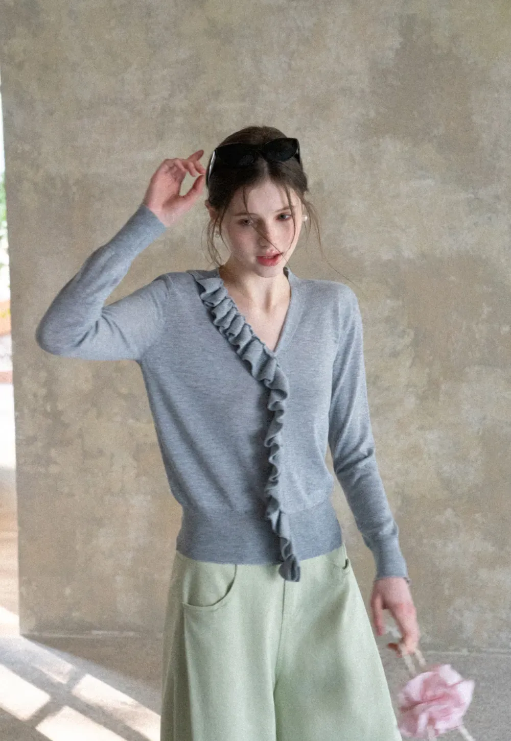 Lightweight Long Sleeve Knit Sweater with Ruffled Trim