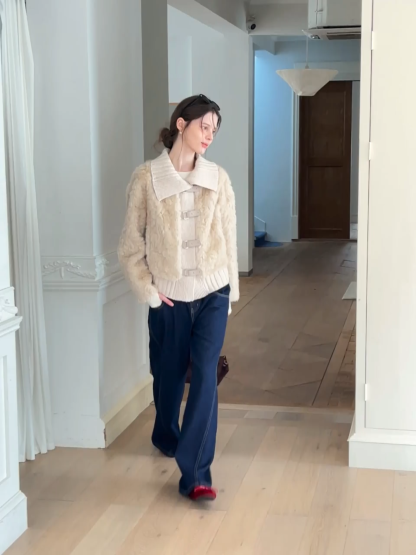 Collar Knit Patchwork Faux Shearling Coat