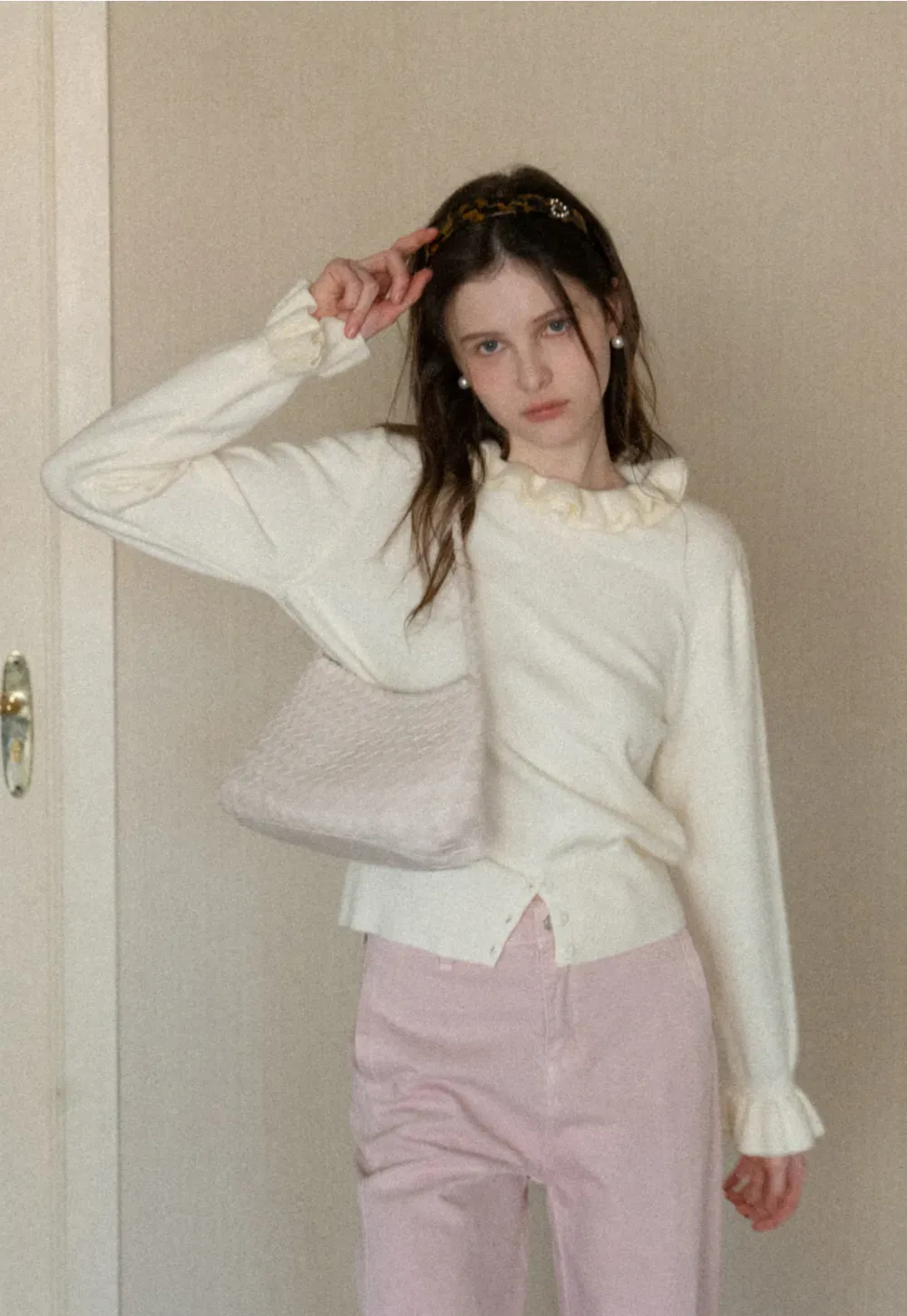 Elegant Ruffle Detail Knit Sweater with Flared Cuffs and Neckline