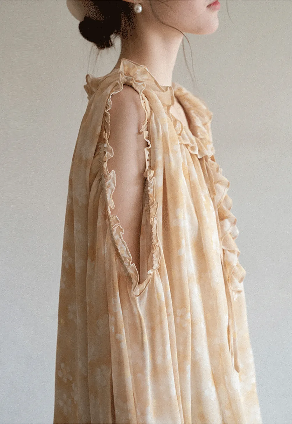 Lace Chiffon Blouse with Ruffled Neck and Sleeves