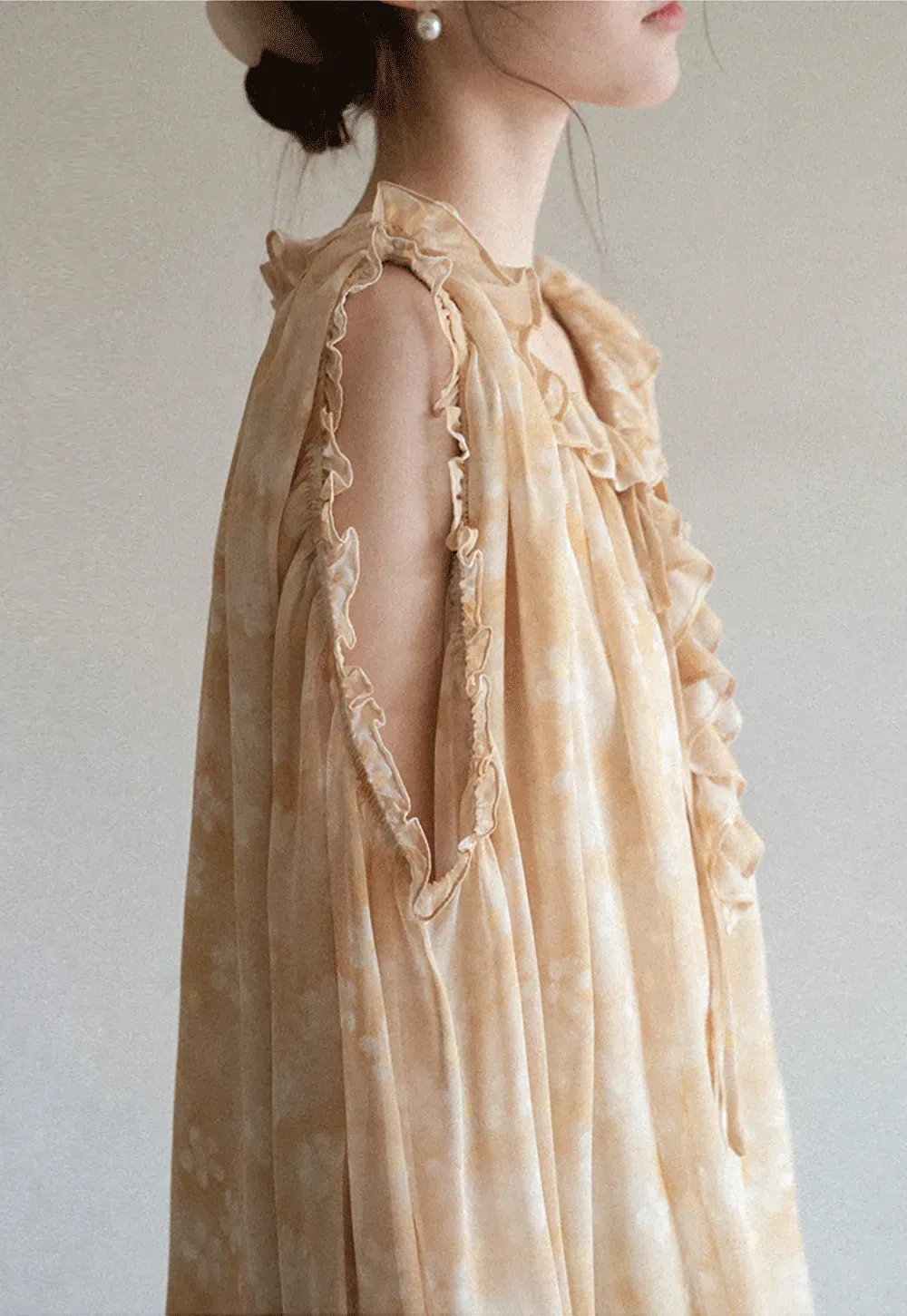 Lace Chiffon Blouse with Ruffled Neck and Sleeves