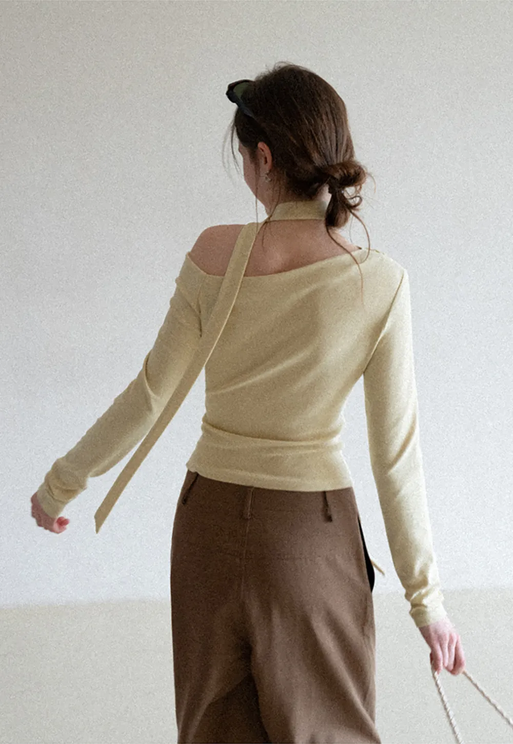 Long sleeve off shoulder top with neck tie detail