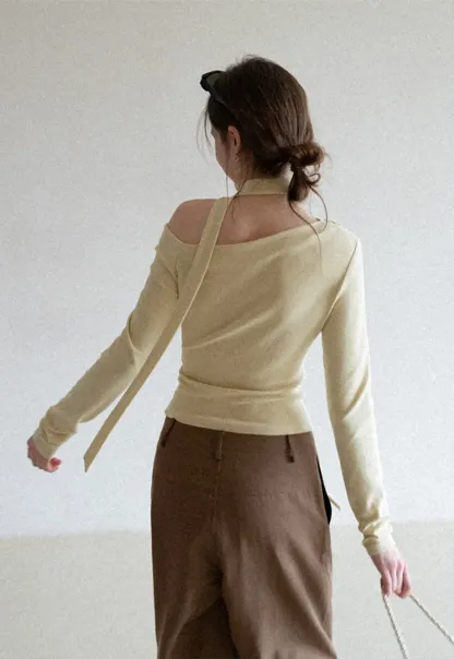 Long sleeve off shoulder top with neck tie detail