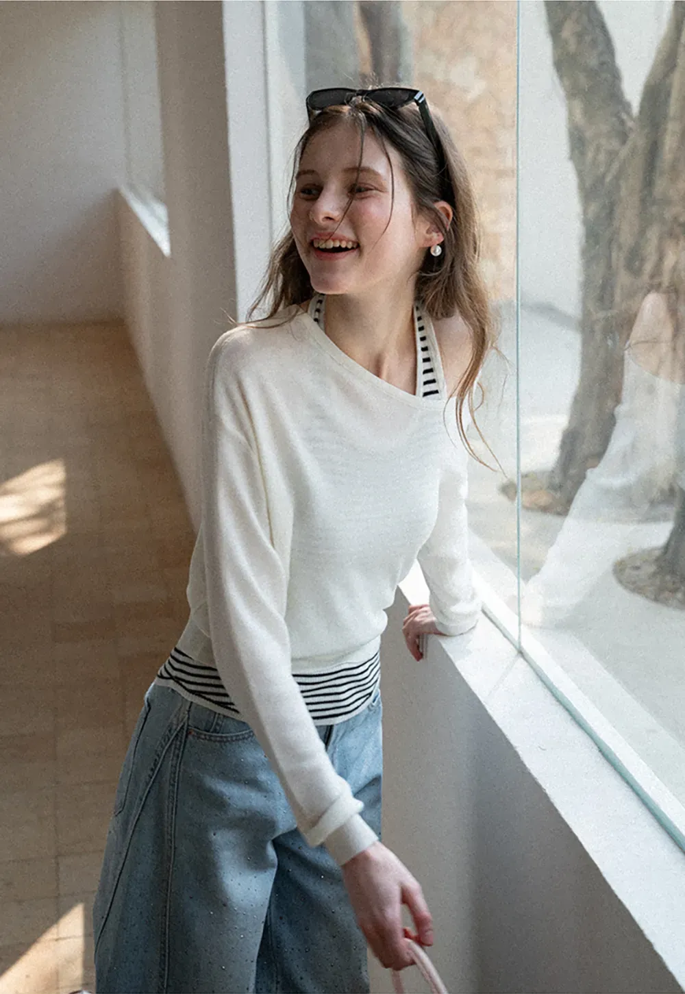 Off Shoulder Long Sleeve Knit Sweater with Striped Trim