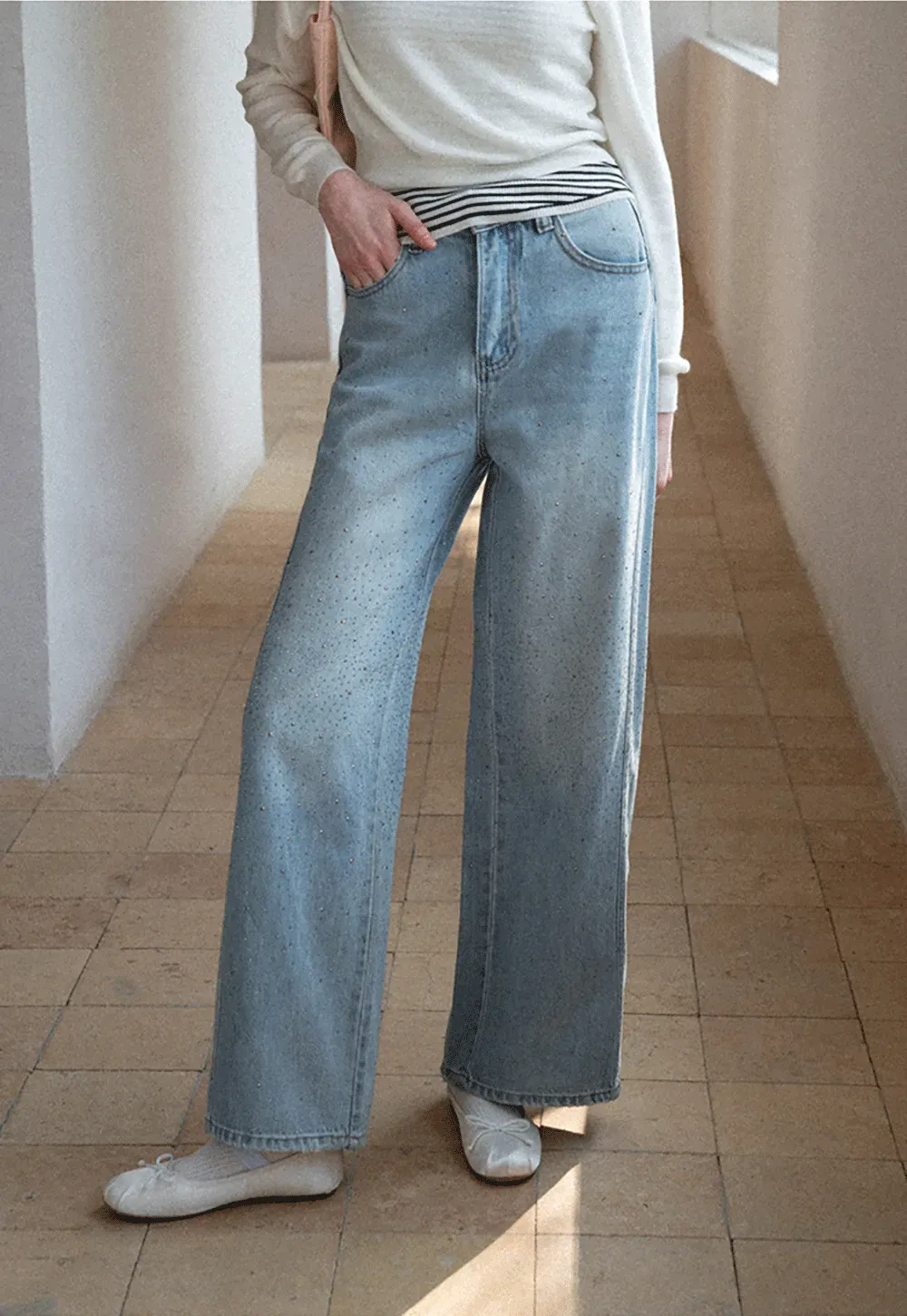 Wide leg jeans with subtle dot embellishments
