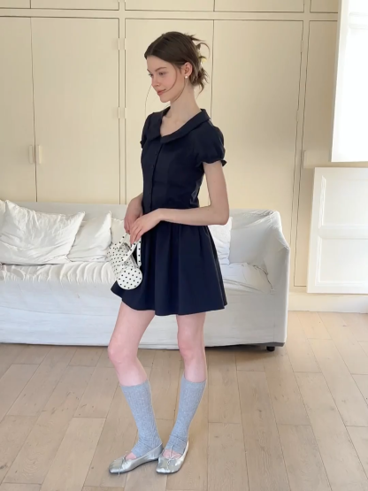 Puffed Sleeve Button Front Flared Dress