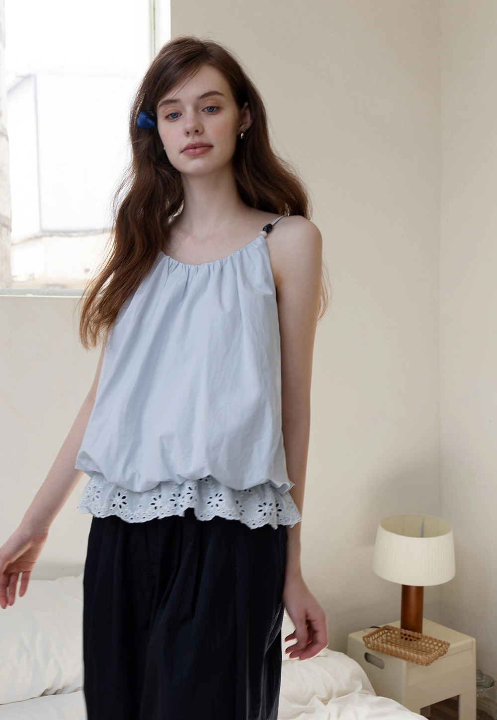 Women's Blue Lace-Trimmed Spaghetti Strap Top
