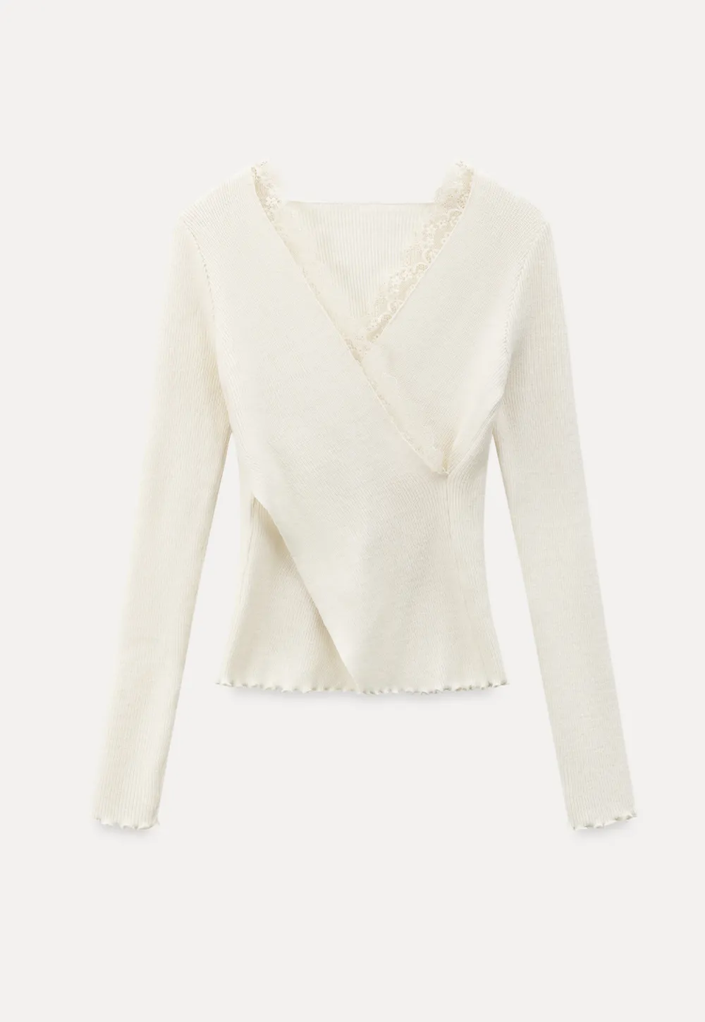 Elegant V Neck Lace Trim Knit Top with Asymmetrical Hem