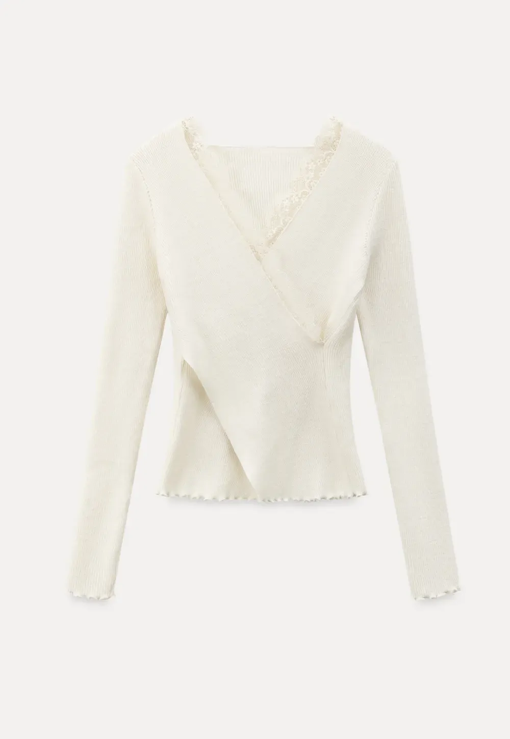 Elegant V Neck Lace Trim Knit Top with Asymmetrical Hem